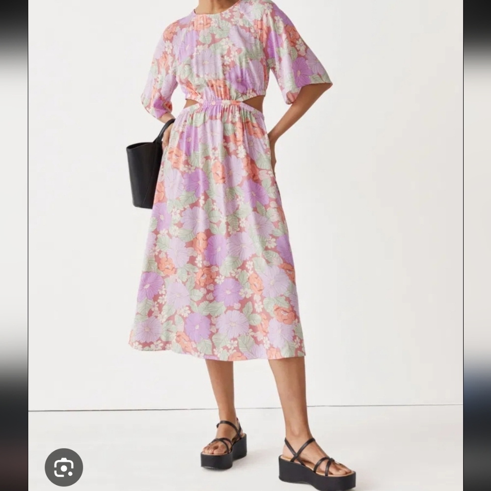 & Other Stories Pastel Floral Midi Dress in Lavender, Peach, Mint with cut out